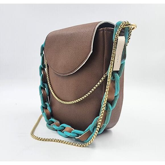 KENT STETSON Purse Chunky Turquoise Chain Gold Crossbody Strap Brown Leather - Picture 2 of 10